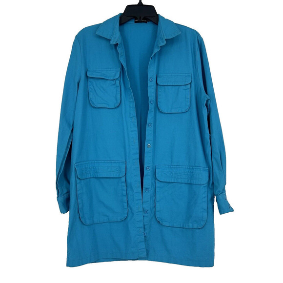 PLT Pretty Little Thing Blue Shacket Button Front Pockets Lightweight Size 8 - Picture 1 of 11